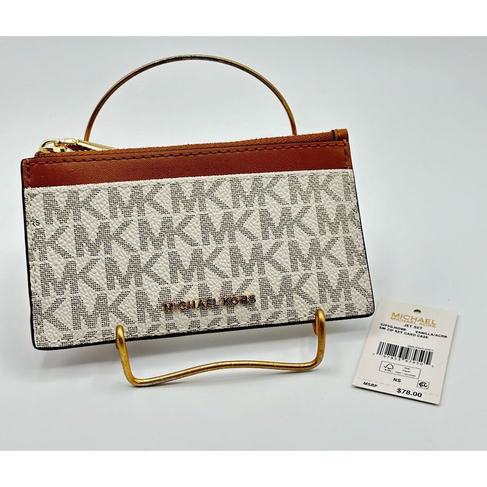 Michael Kors Jet Set Vanilla Acorn Small Zip Key Card Case 32F5GJ6D8B NWT *READ*